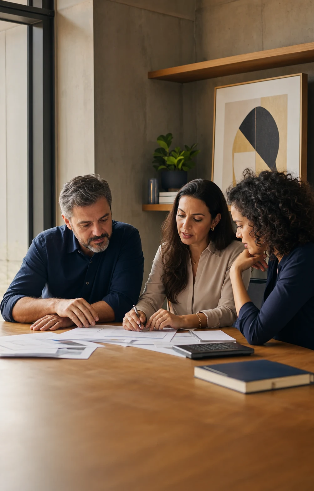 Três profissionais analisando documentos financeiros de uma empresa